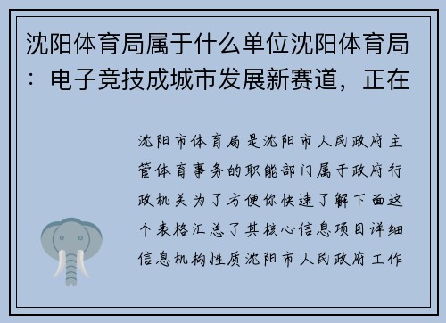 沈阳体育局属于什么单位沈阳体育局：电子竞技成城市发展新赛道，正在加速发力